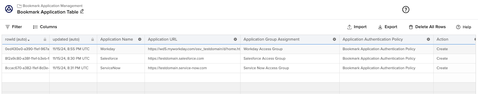 Confirm the Bookmark Application Table details in Okta Workflows